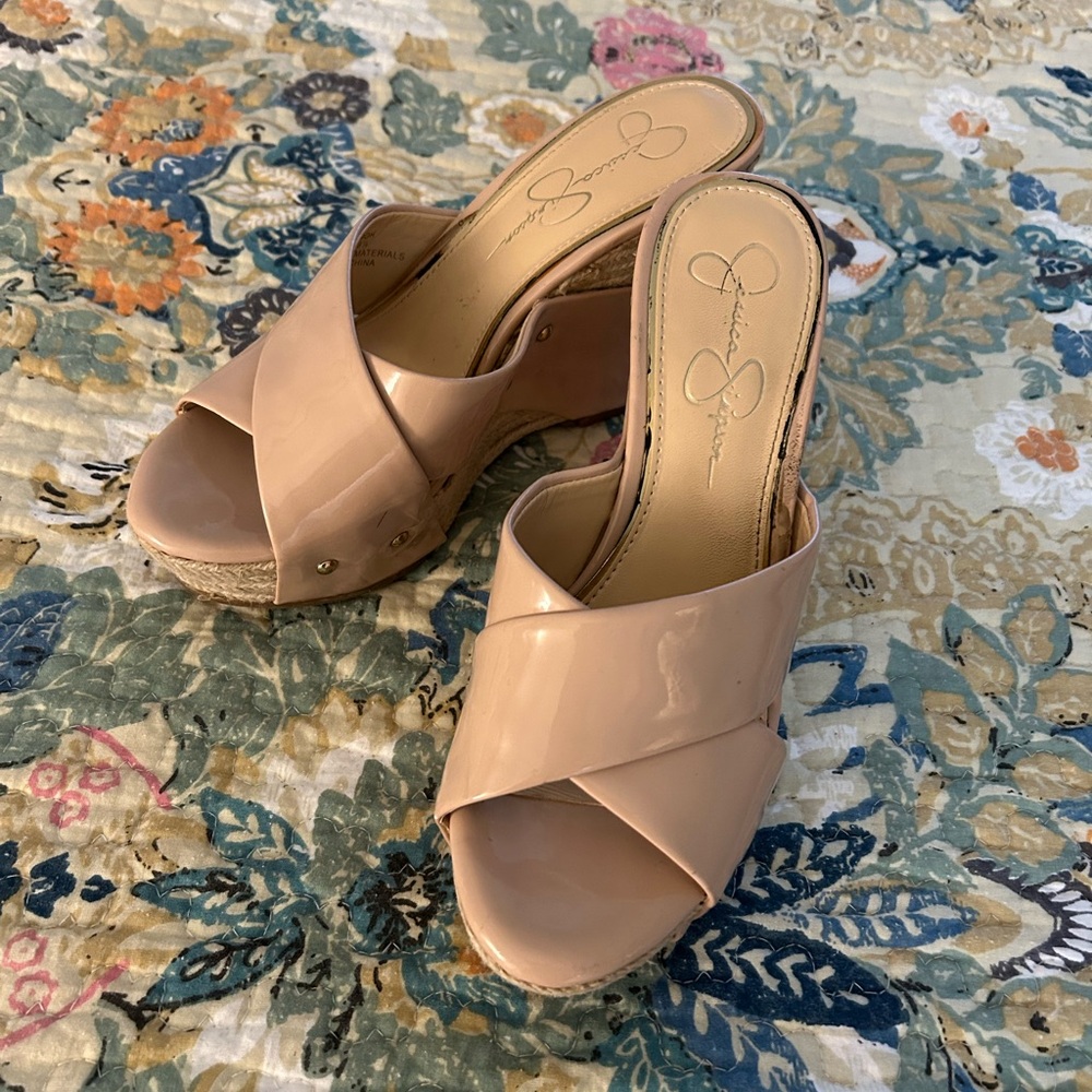 Jessica Simpson Nude/Tan Patent Wedge Sandals
